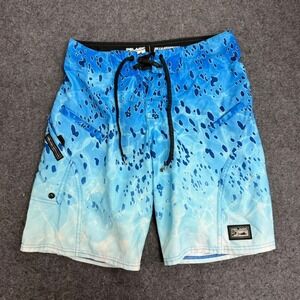 Pelagic Sharkskin Youth Boardshorts Blue Fish Scale Print Drawstring Pockets 27